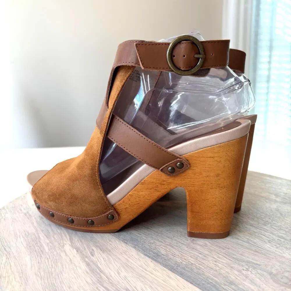 Jambu Handcrafted Suede Wood Platform Sandals Women's Size 8 Brown Peep Toe - Picture 2 of 13